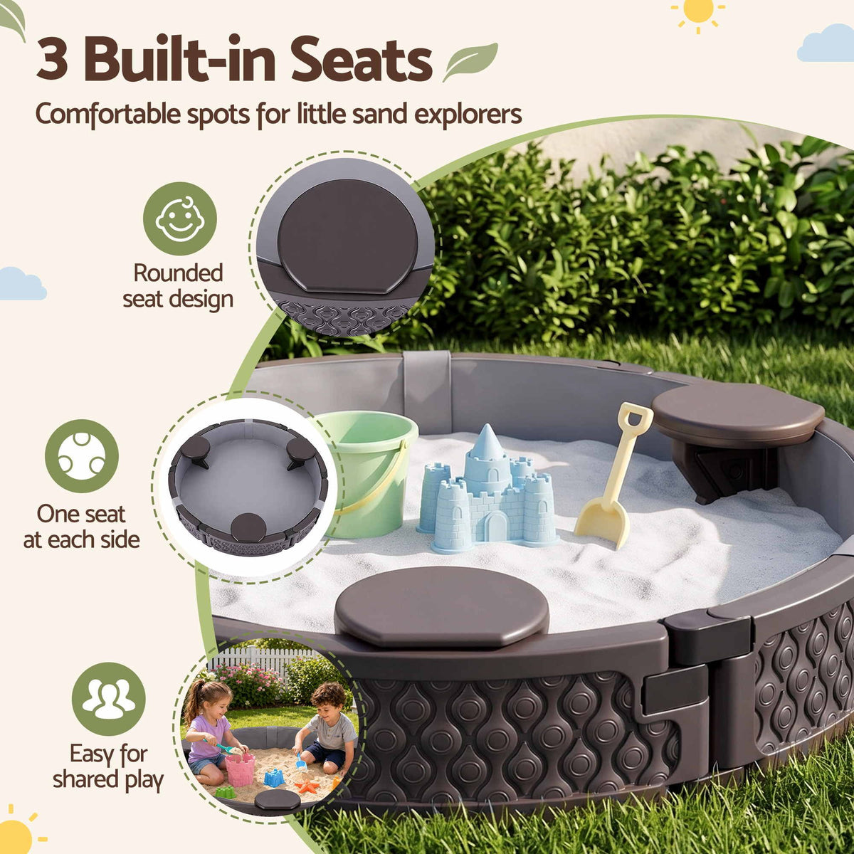 Kids Outdoor Sandpit Toys Sandbox 121cm Round Brown 3 Seats Cover