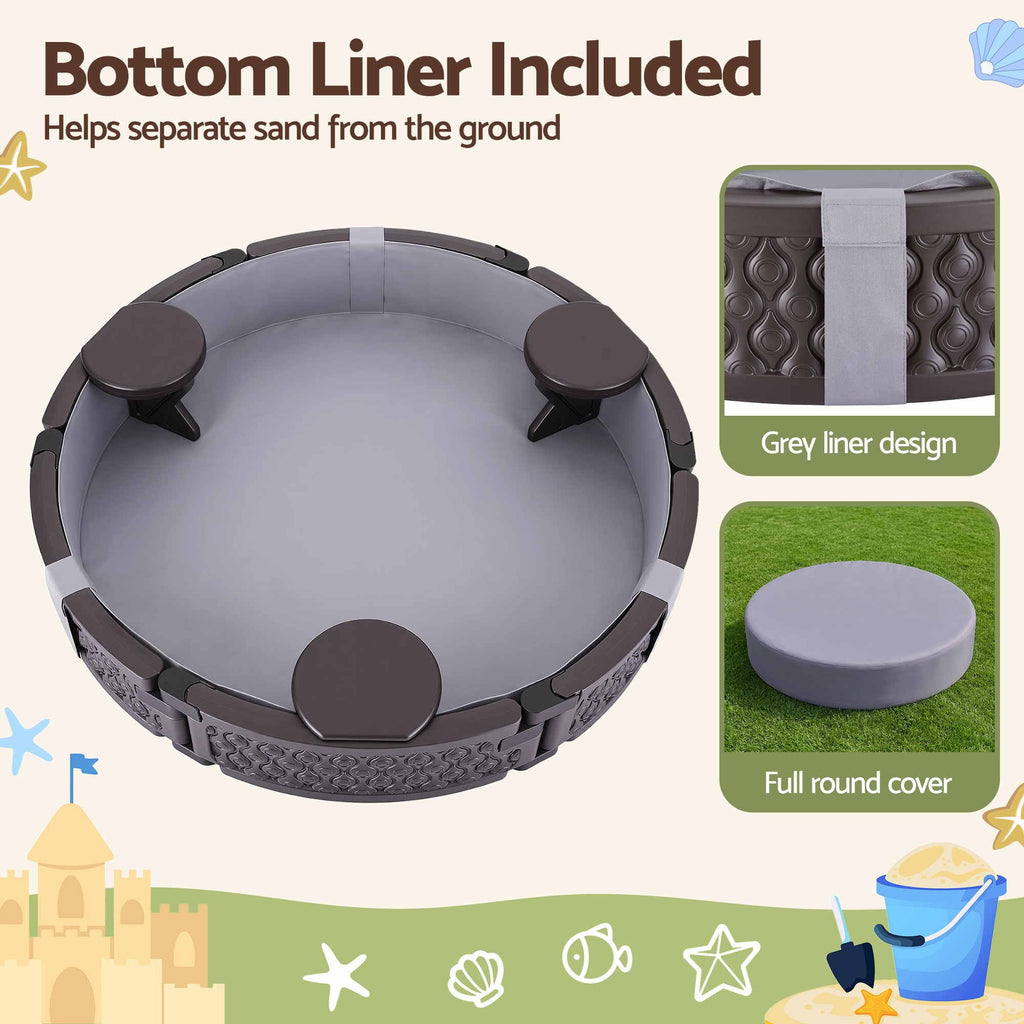 Kids Outdoor Sandpit Toys Sandbox 121cm Round Brown 3 Seats Cover