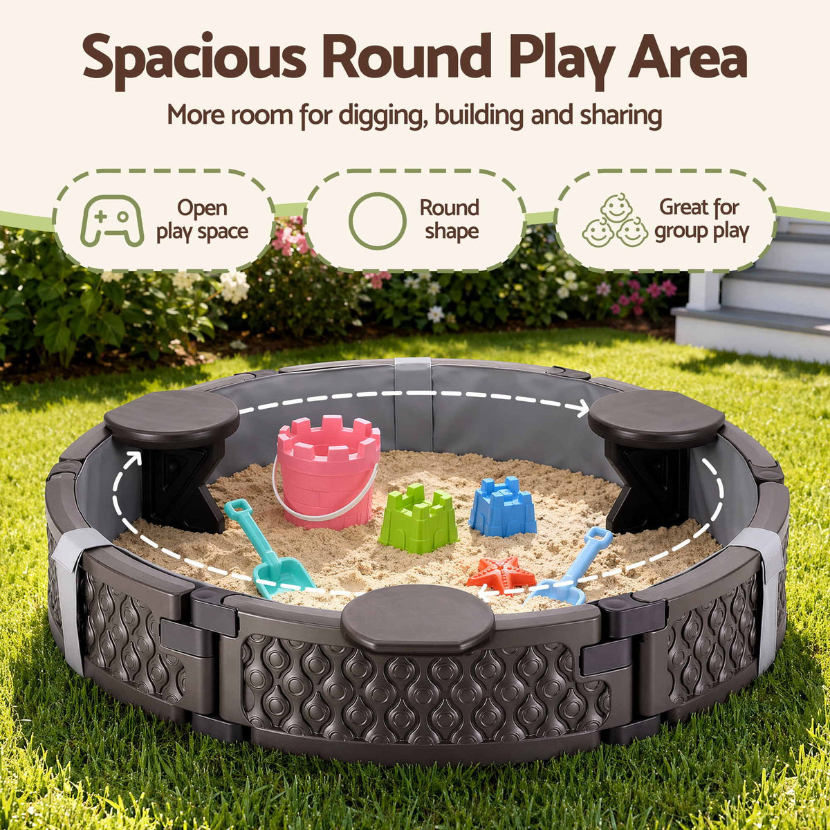 Kids Outdoor Sandpit Toys Sandbox 121cm Round Brown 3 Seats Cover