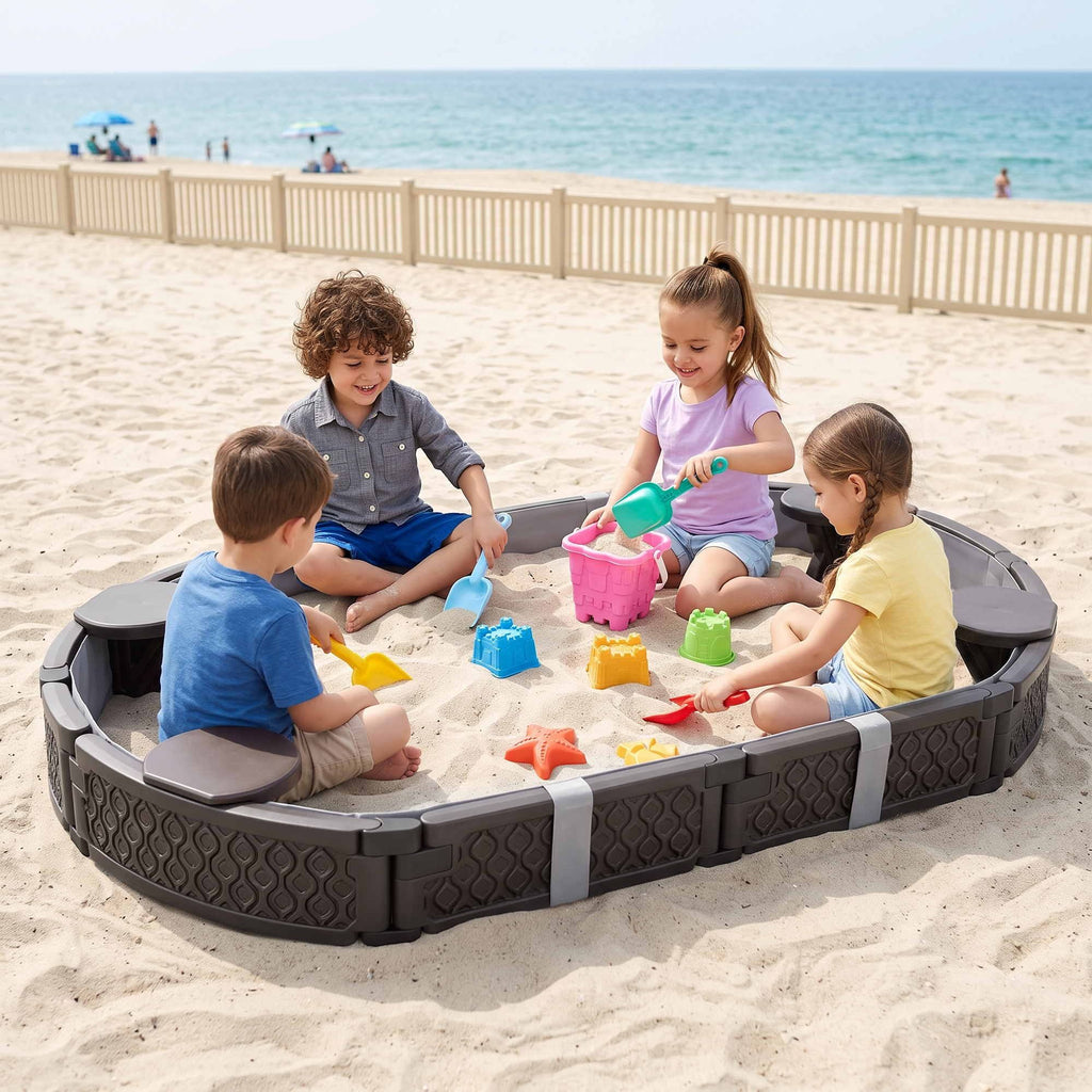 Keezi Kids Sandpit Toys Outdoor Sandbox Oval Sand Pit 4 Seats Grey