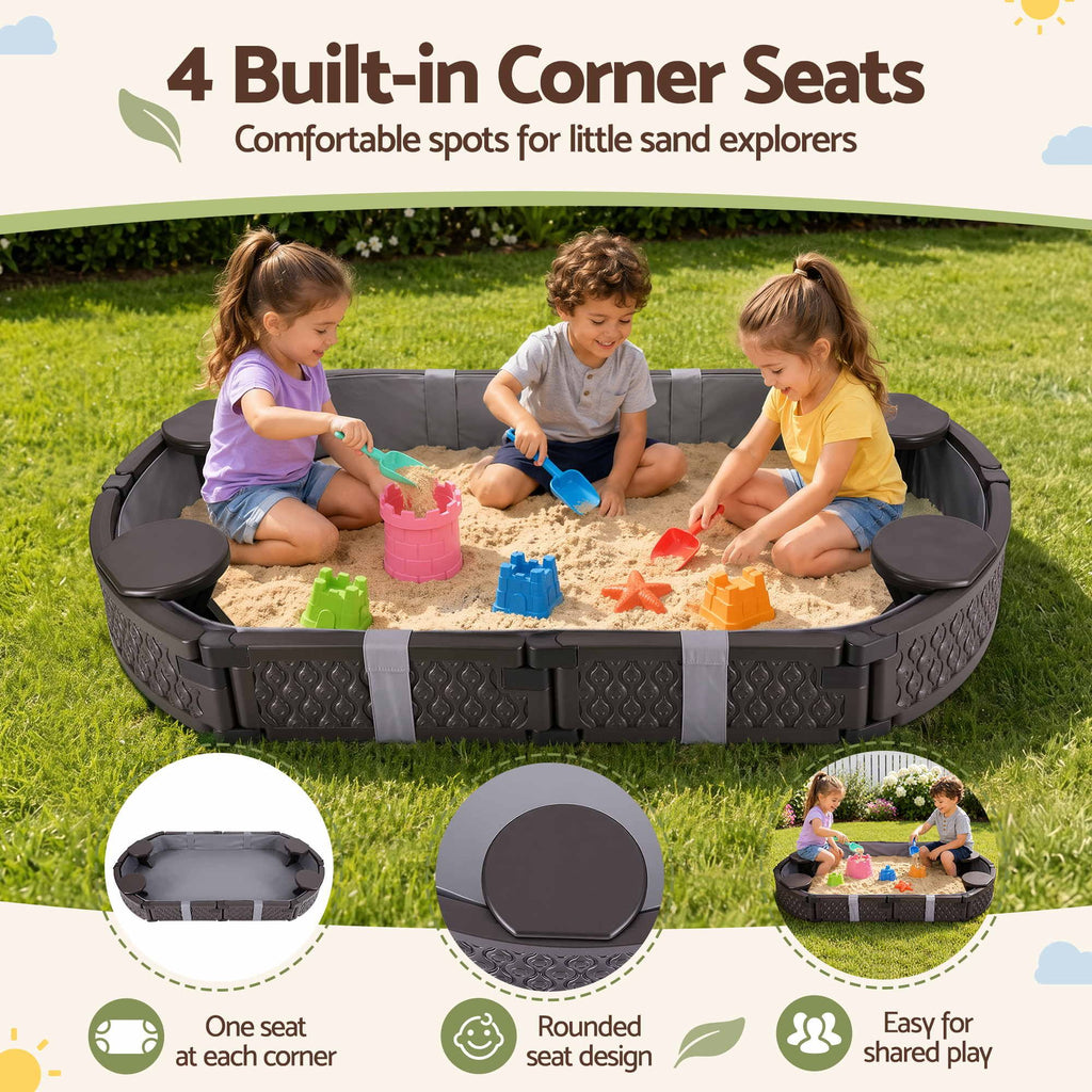 Keezi Kids Sandpit Toys Outdoor Sandbox Oval Sand Pit 4 Seats Grey