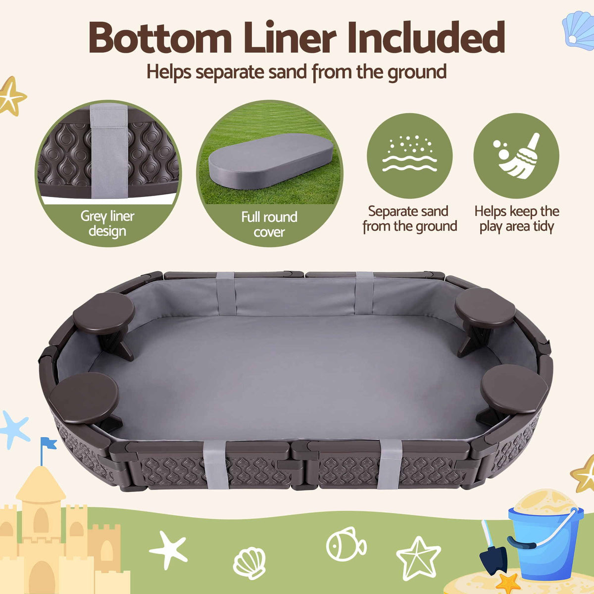 Keezi Kids Sandpit Toys Outdoor Sandbox Oval Sand Pit 4 Seats Grey