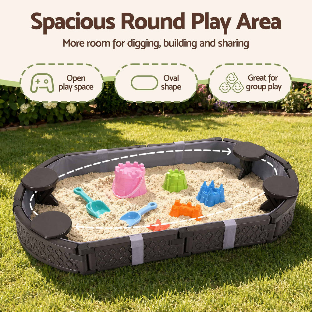 Keezi Kids Sandpit Toys Outdoor Sandbox Oval Sand Pit 4 Seats Grey