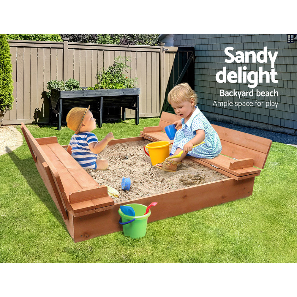 Keezi Kids Sandpit Wooden Sandbox Sand Pit Foldable Seat Outdoor