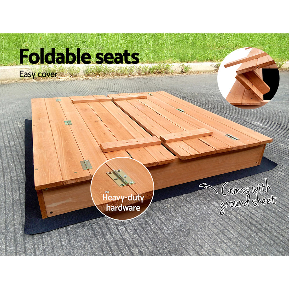Keezi Kids Sandpit Wooden Sandbox Sand Pit Foldable Seat Outdoor