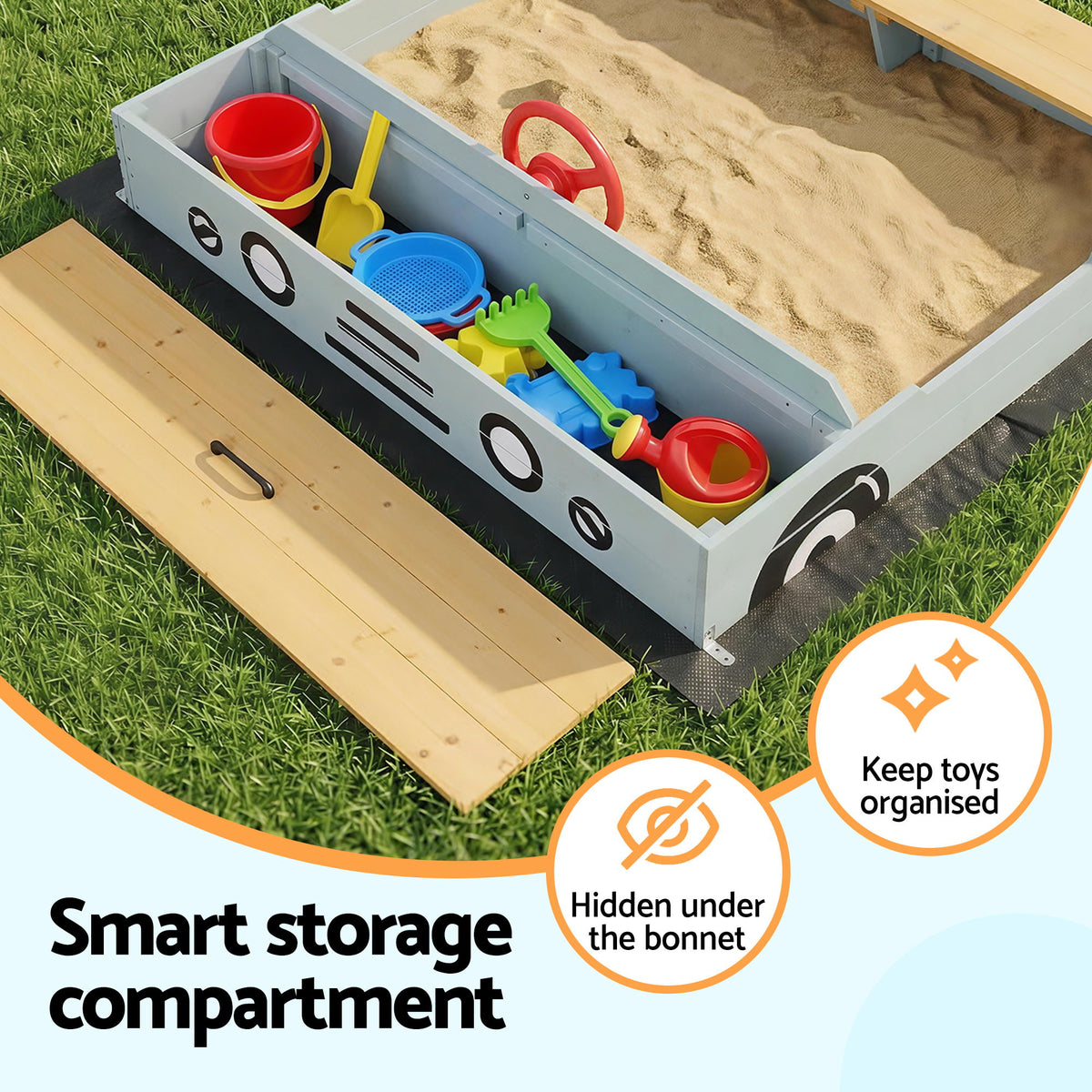 Keezi Wooden Car Sandpit Kids Sandbox Outdoor Play Toy w/ Storage