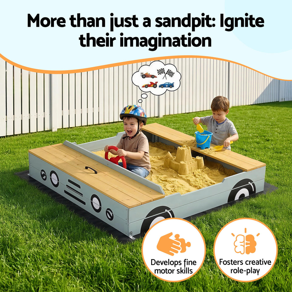 Keezi Wooden Car Sandpit Kids Sandbox Outdoor Play Toy w/ Storage