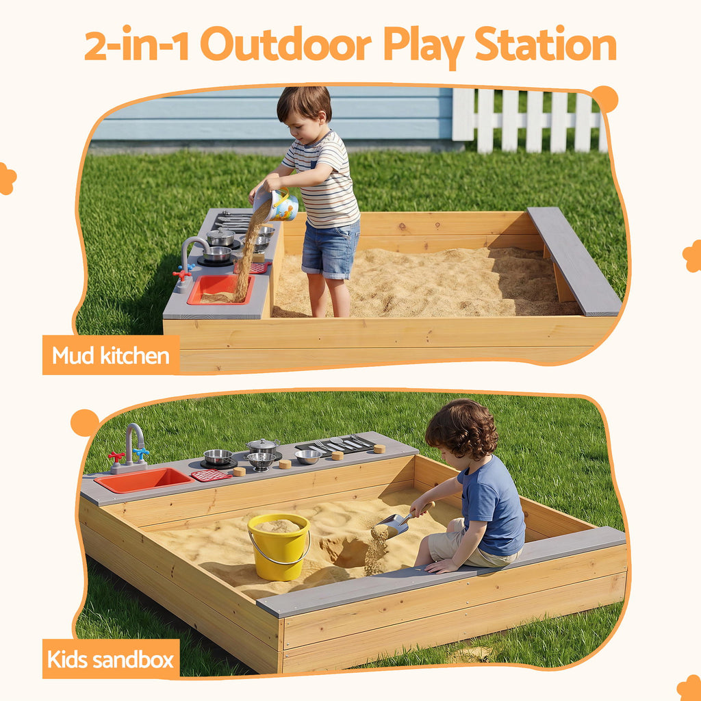 Keezi Wooden Sandpit Sand Pit Outdoor Kids Toy Box Mud Kitchen Sink