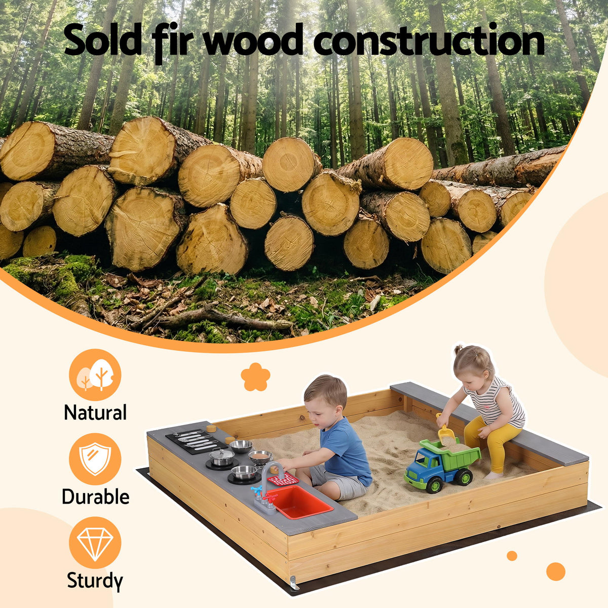 Keezi Wooden Sandpit Sand Pit Outdoor Kids Toy Box Mud Kitchen Sink