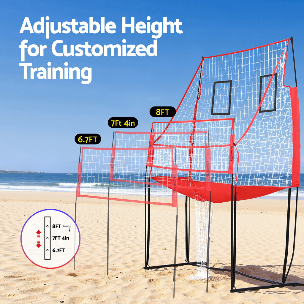 Everfit 8 ft Training Volleyball Net, Yellow and Red, with its measurements marked