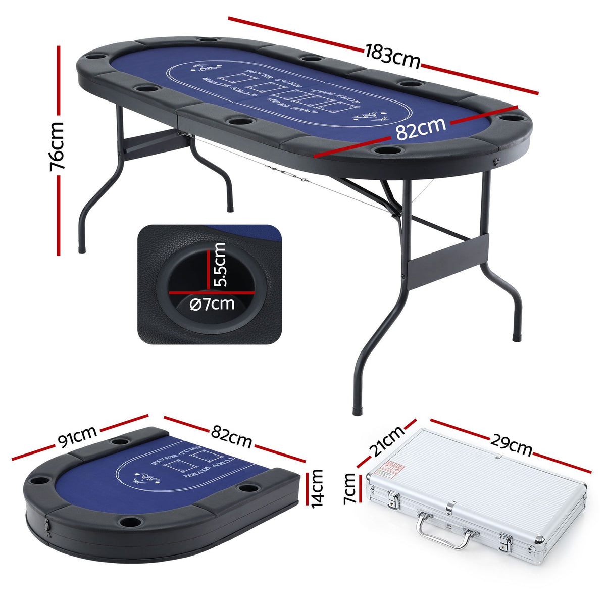 8 Player 1.8m Folding Poker Table and 300pcs Chips Set Portable Card