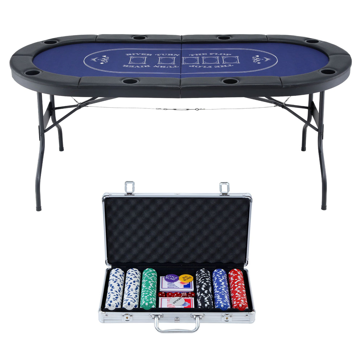 8 Player 1.8m Folding Poker Table and 300pcs Chips Set Portable Card