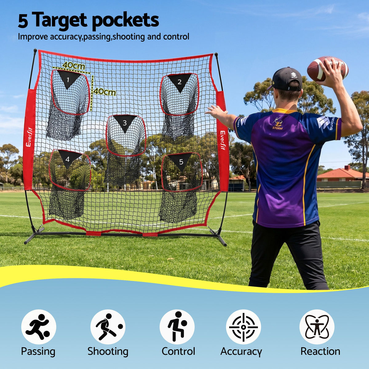 Everfit 1.8m Football Training Net 5 Target Portable Soccer Goal Nets
