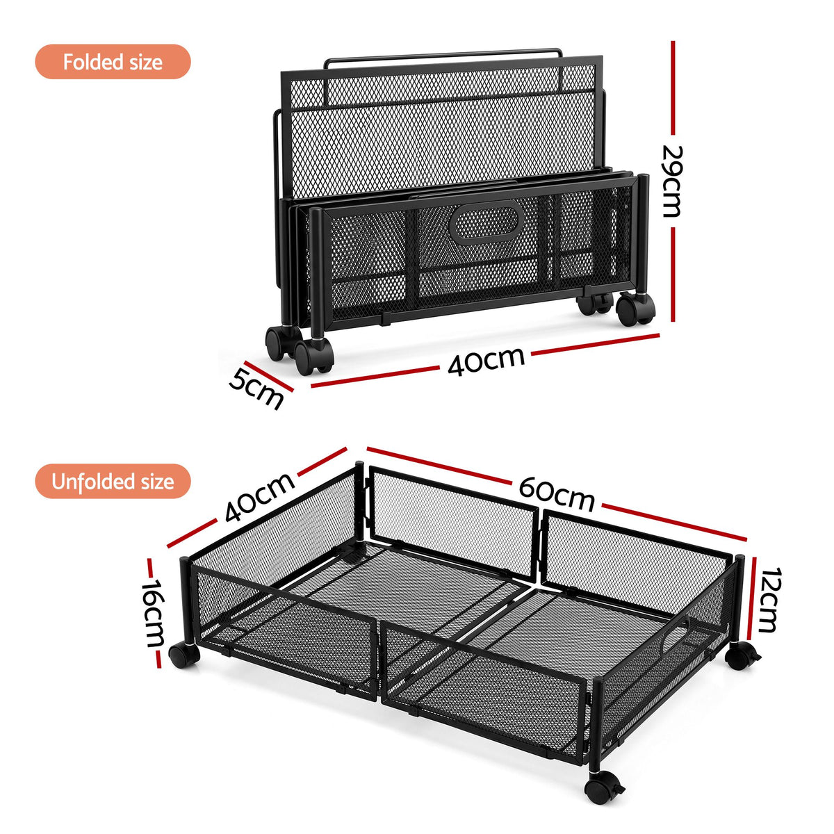 Artiss Metal Mesh Under Bed Storage with Wheels, 60 x 40 x 16 cm
