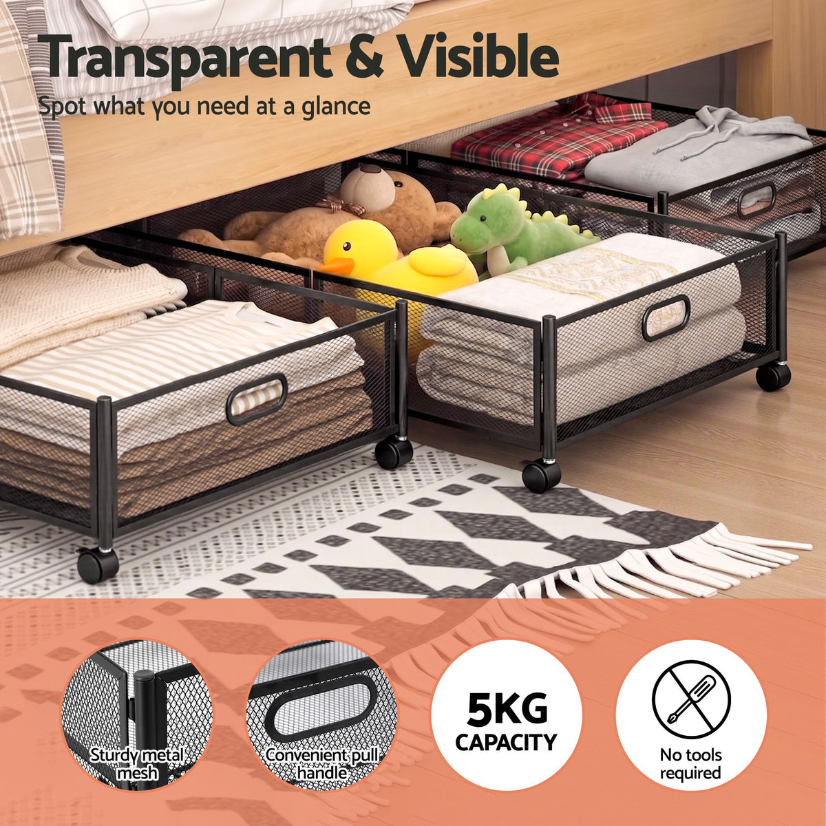 Artiss Metal Mesh Under Bed Storage with Wheels, 60 x 40 x 16 cm
