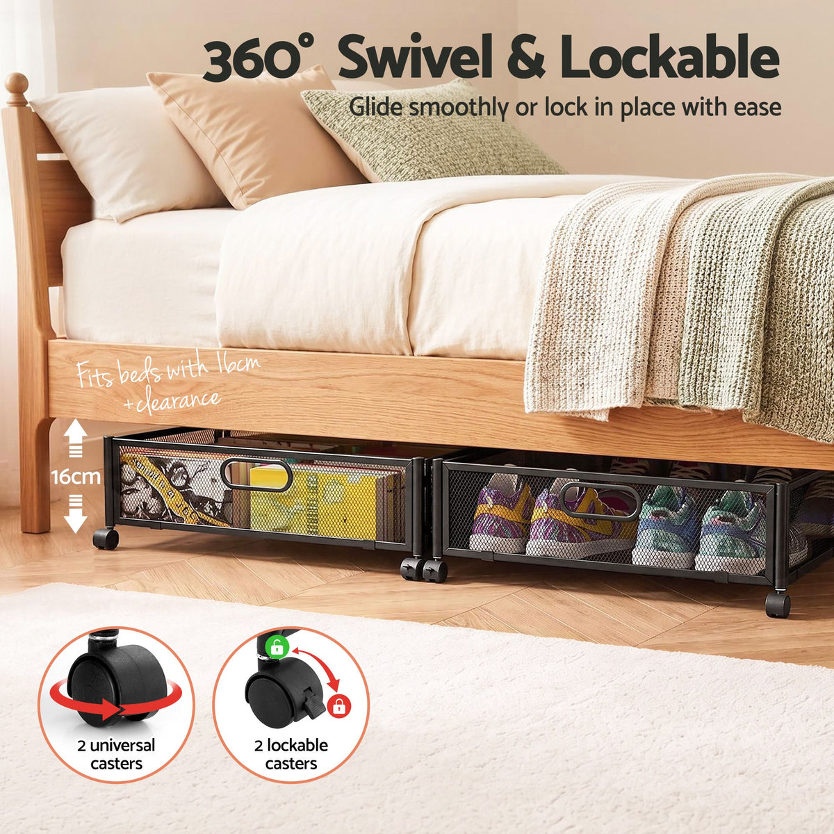 Artiss Metal Mesh Under Bed Storage with Wheels, 60 x 40 x 16 cm