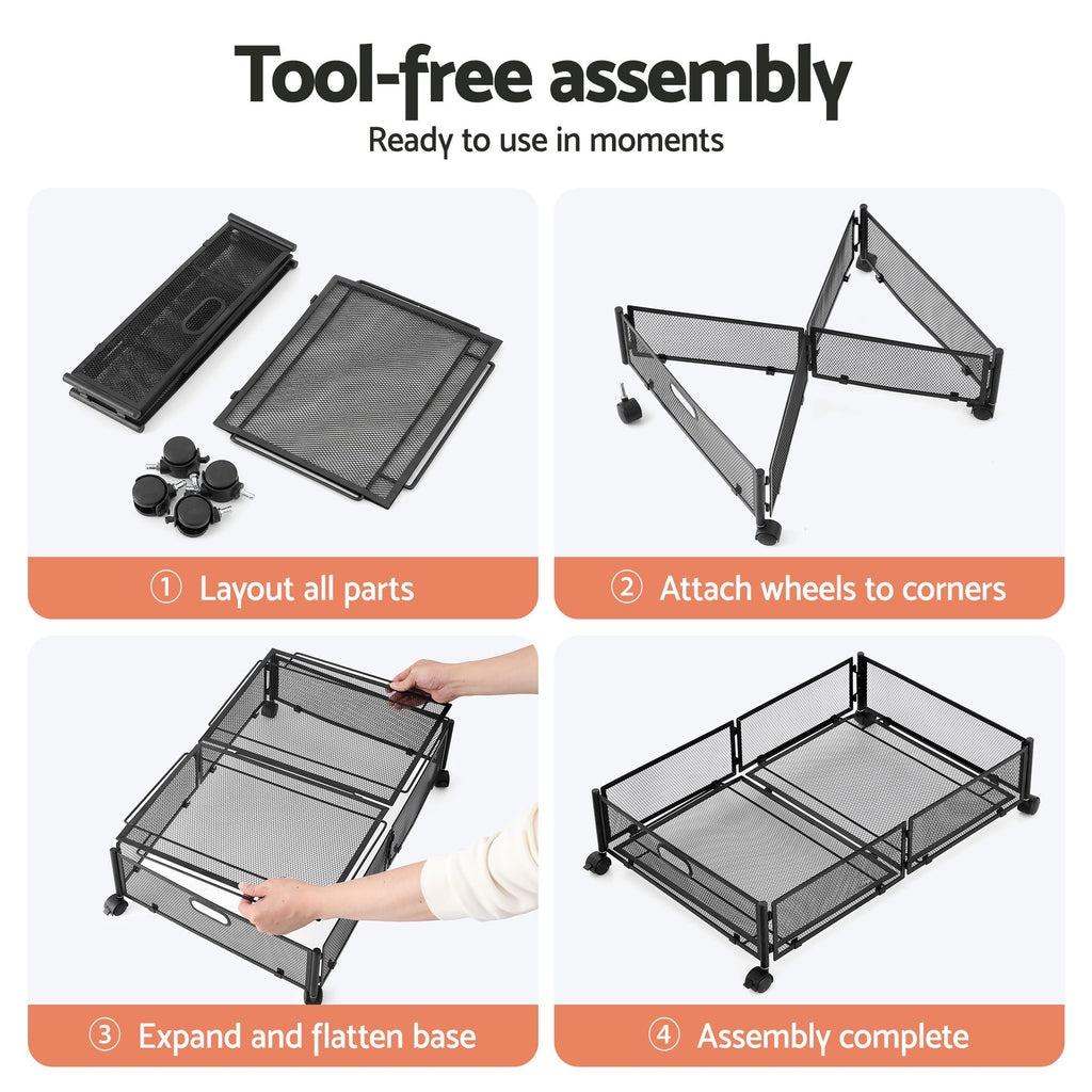 Artiss Metal Mesh Under Bed Storage with Wheels, 60 x 40 x 16 cm