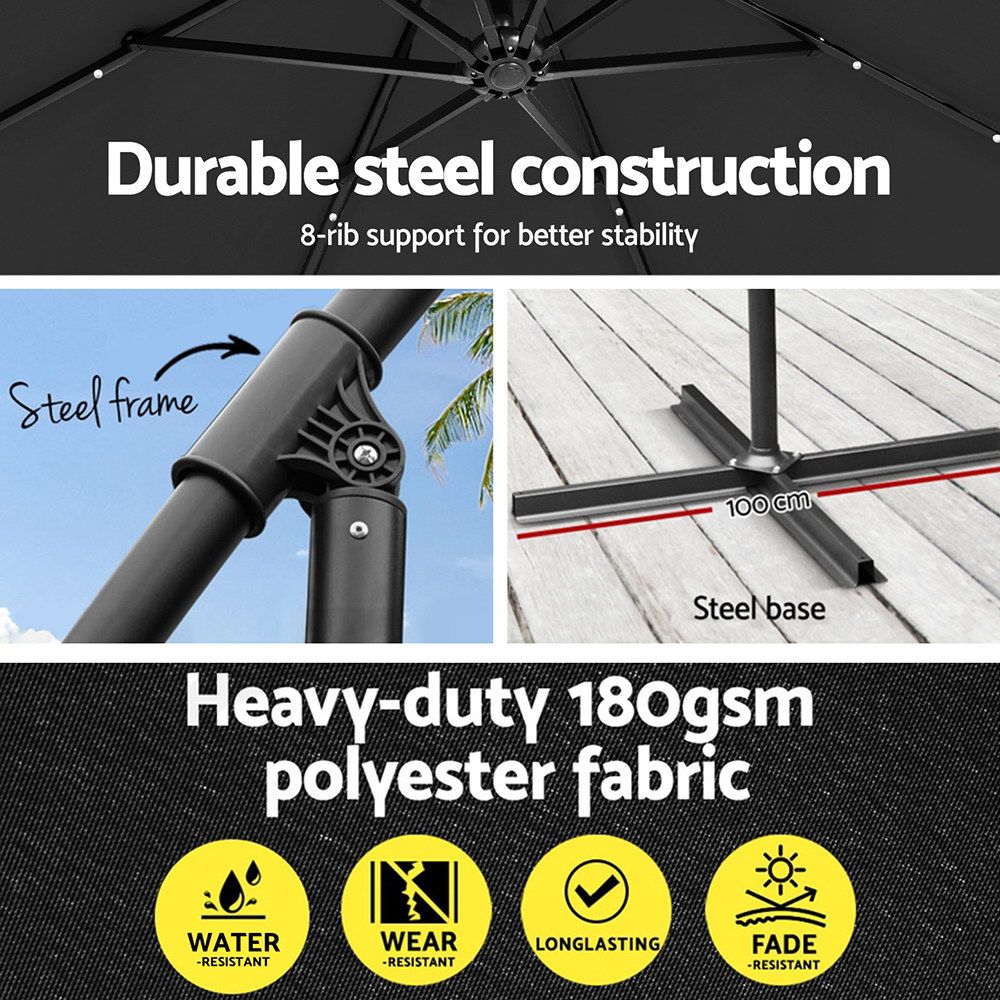 Instahut Outdoor Umbrella 3M Cantilever Beach LED Garden Shade Patio