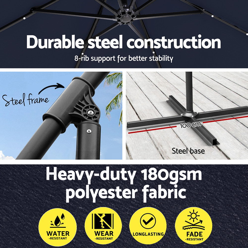 Instahut Outdoor Umbrella 3M Cantilever Beach LED Umbrellas Garden