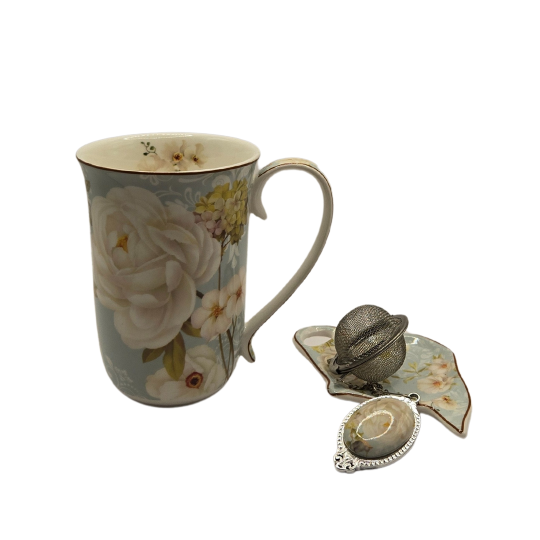 White Rose Fine Bone China Mug with Tea Strainer, 405 ml