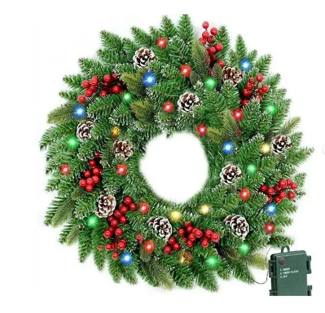Pre-Lit Christmas Wreath with 50 LEDs and Timer, 61 cm