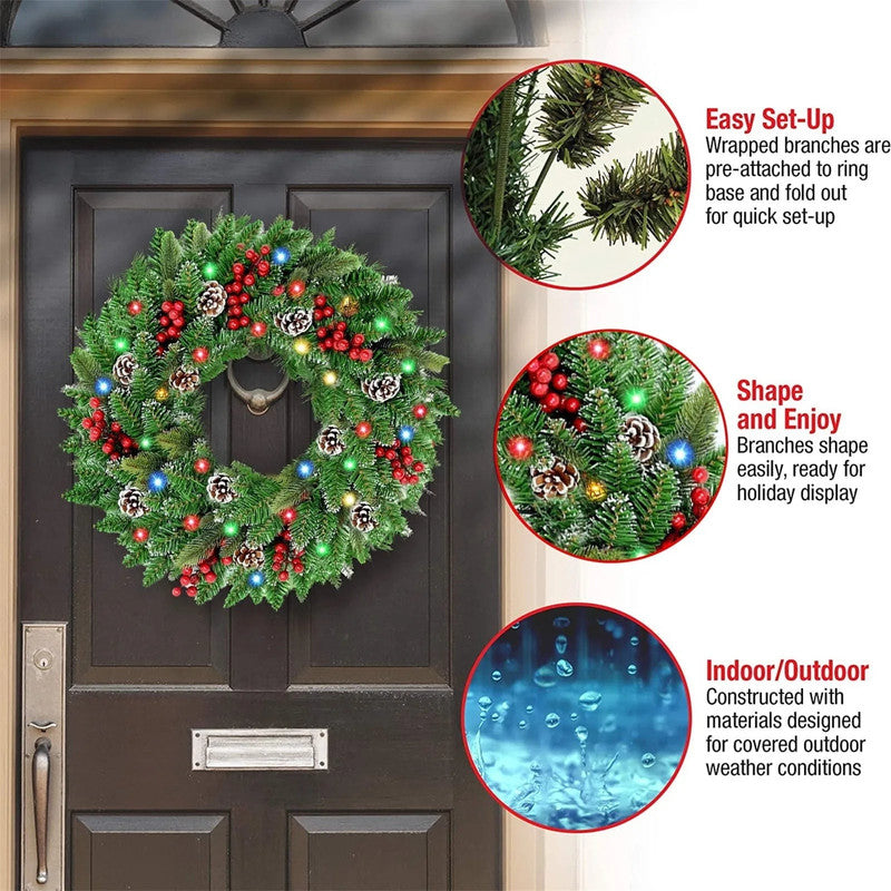 Pre-Lit Christmas Wreath with 50 LEDs and Timer, 61 cm
