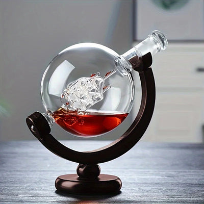 Globe Whiskey Decanter Set with 2 Glasses and Wooden Stand