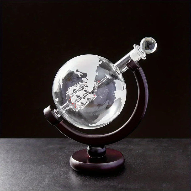Globe Whiskey Decanter Set with 2 Glasses and Wooden Stand