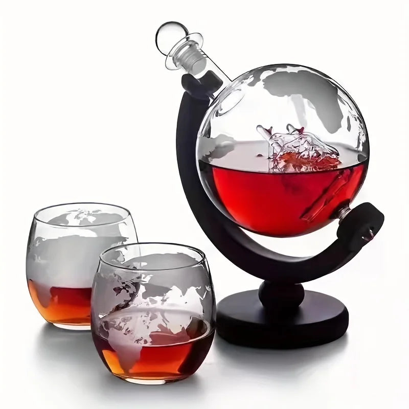 Globe Whiskey Decanter Set with 2 Glasses and Wooden Stand