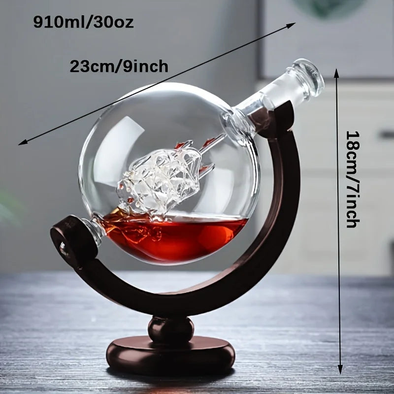 Globe Whiskey Decanter Set with 2 Glasses and Wooden Stand