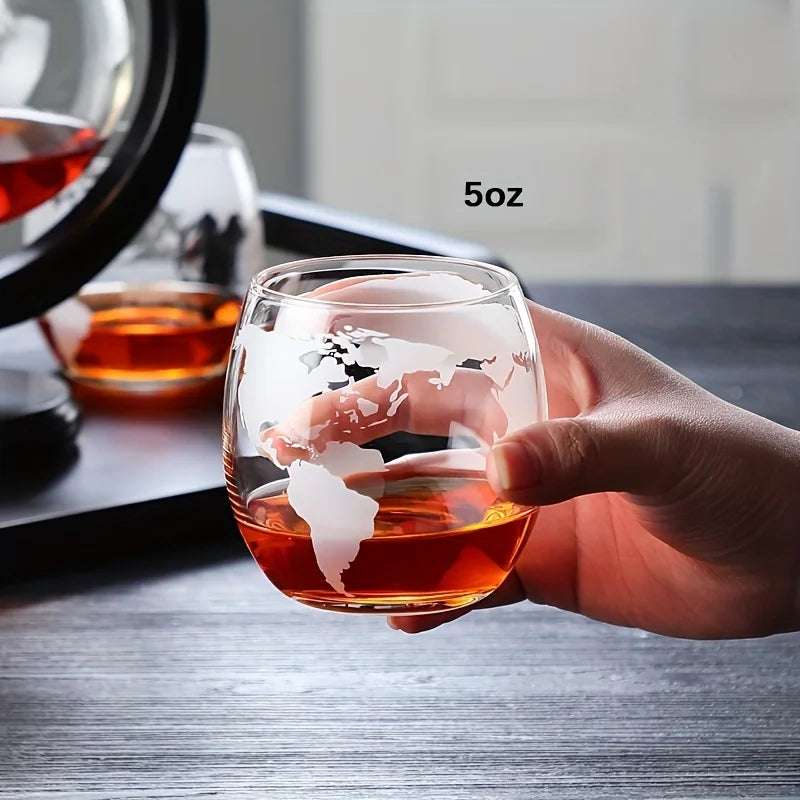 Globe Whiskey Decanter Set with 2 Glasses and Wooden Stand