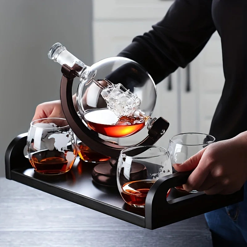 Globe Whiskey Decanter Set with 2 Glasses and Wooden Stand