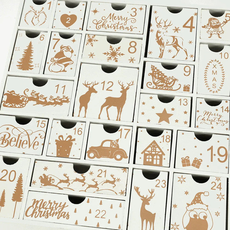 Wooden Christmas Advent Calendar with 24 Drawers, 28 x 5.5 x 30 cm