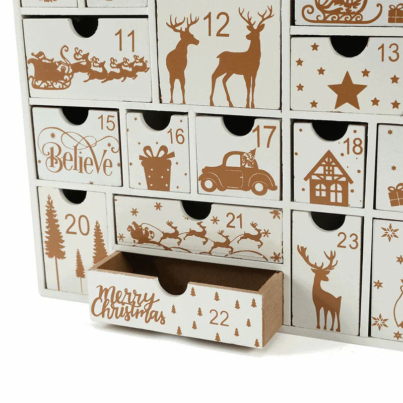Wooden Christmas Advent Calendar with 24 Drawers, 28 x 5.5 x 30 cm