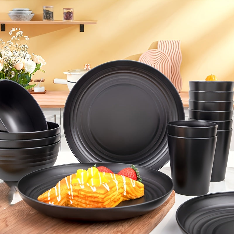 Shatterproof Plastic Tableware Set, Black, 16 Pieces