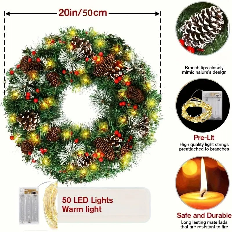 Pre-Lit Pine Cone Christmas Wreath with 50 LEDs, 50 cm