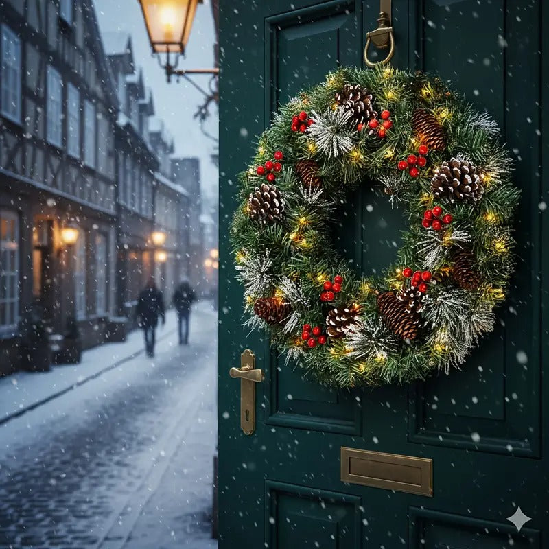 Pre-Lit Pine Cone Christmas Wreath with 50 LEDs, 50 cm