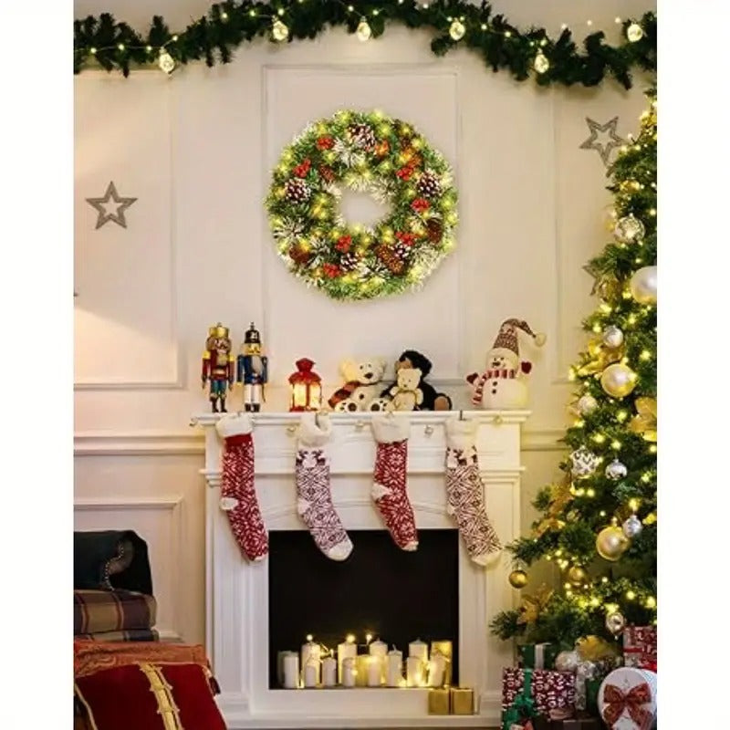 Pre-Lit Pine Cone Christmas Wreath with 50 LEDs, 50 cm