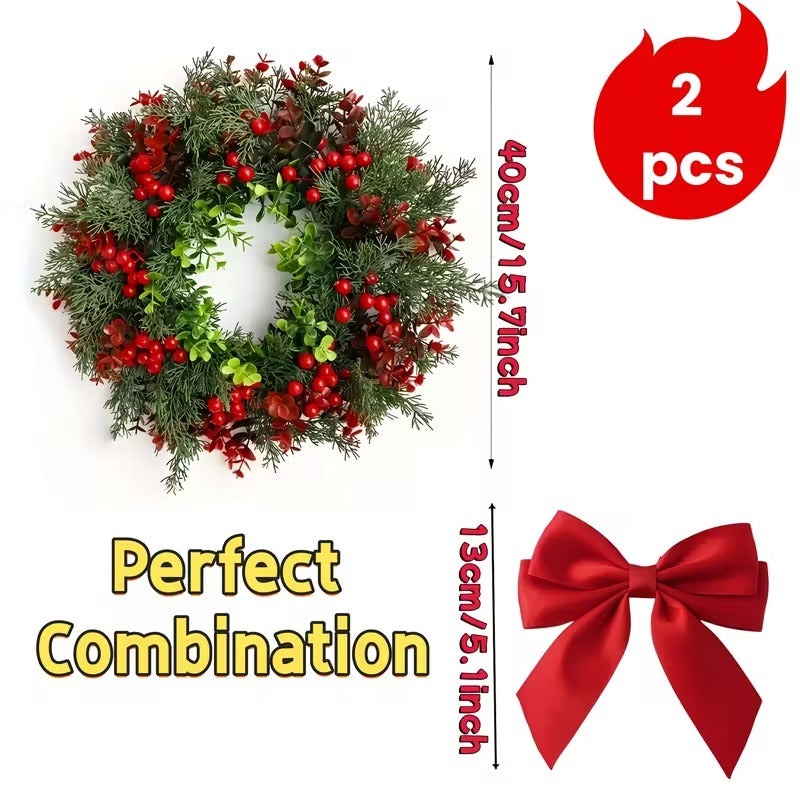 Artificial Christmas Wreaths with Red Bow, Set of 2, 40 cm