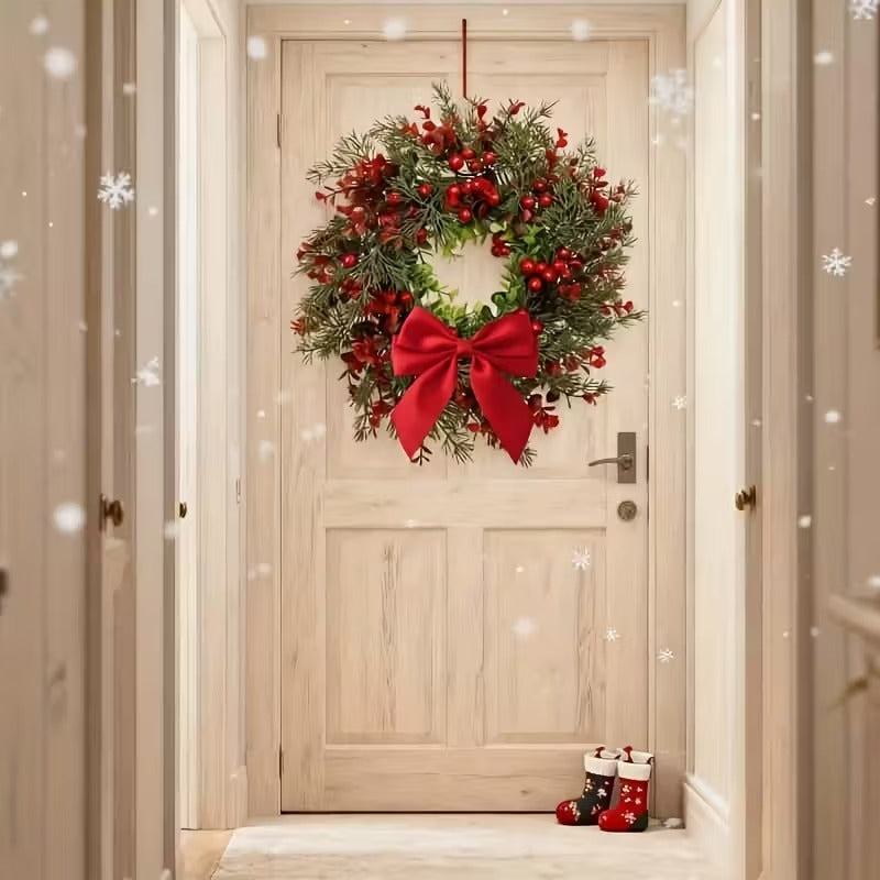 Artificial Christmas Wreaths with Red Bow, Set of 2, 40 cm