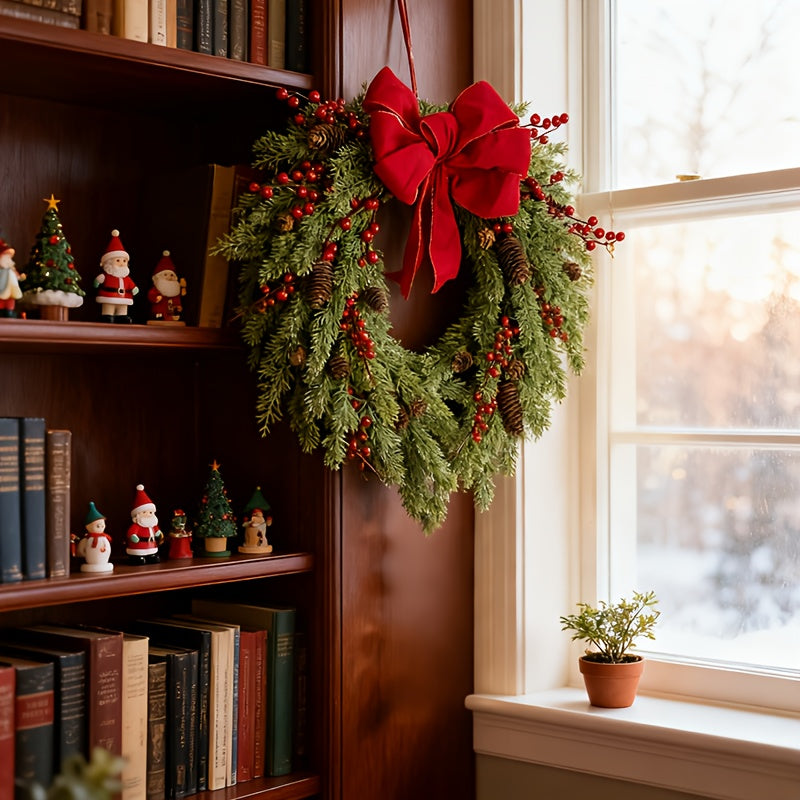 Pine Needle and Red Berry Wreath with Heart Bow, 50 cm