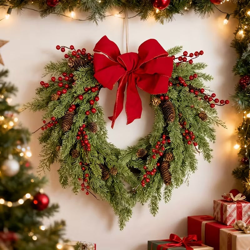 Pine Needle and Red Berry Wreath with Heart Bow, 50 cm