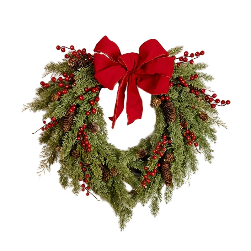 Pine Needle and Red Berry Wreath with Heart Bow, 50 cm