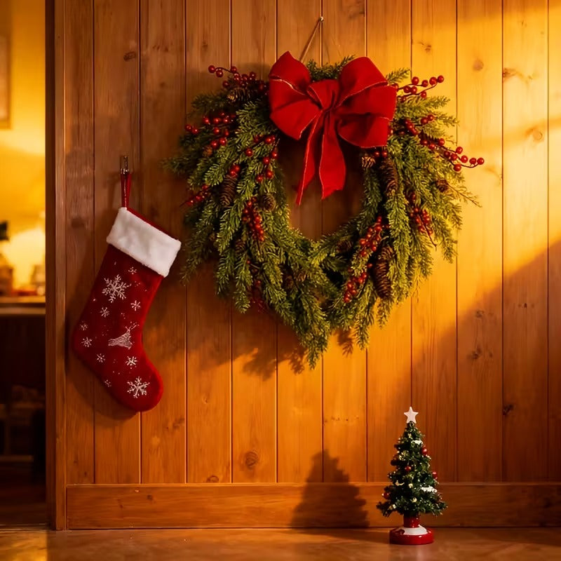 Pine Needle and Red Berry Wreath with Heart Bow, 50 cm