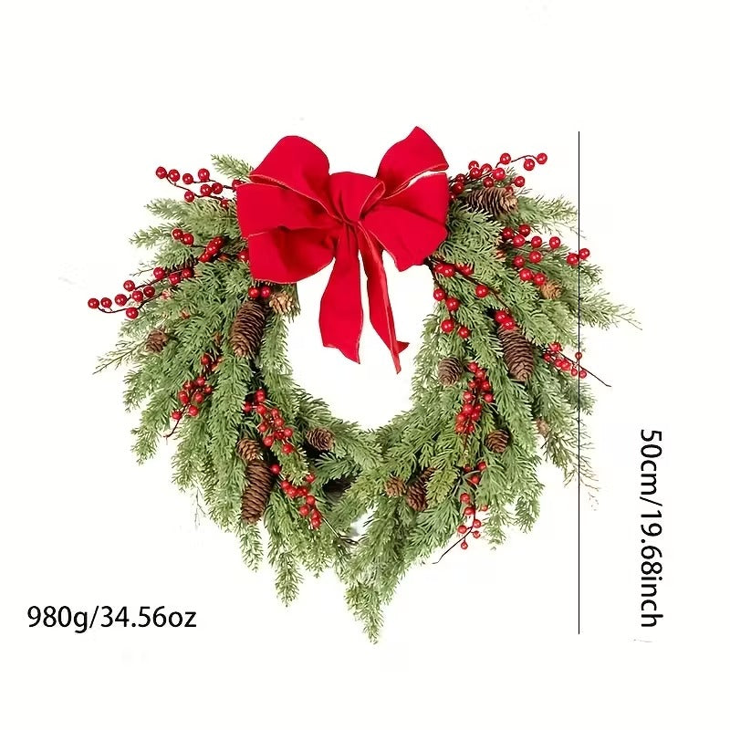 Pine Needle and Red Berry Wreath with Heart Bow, 50 cm