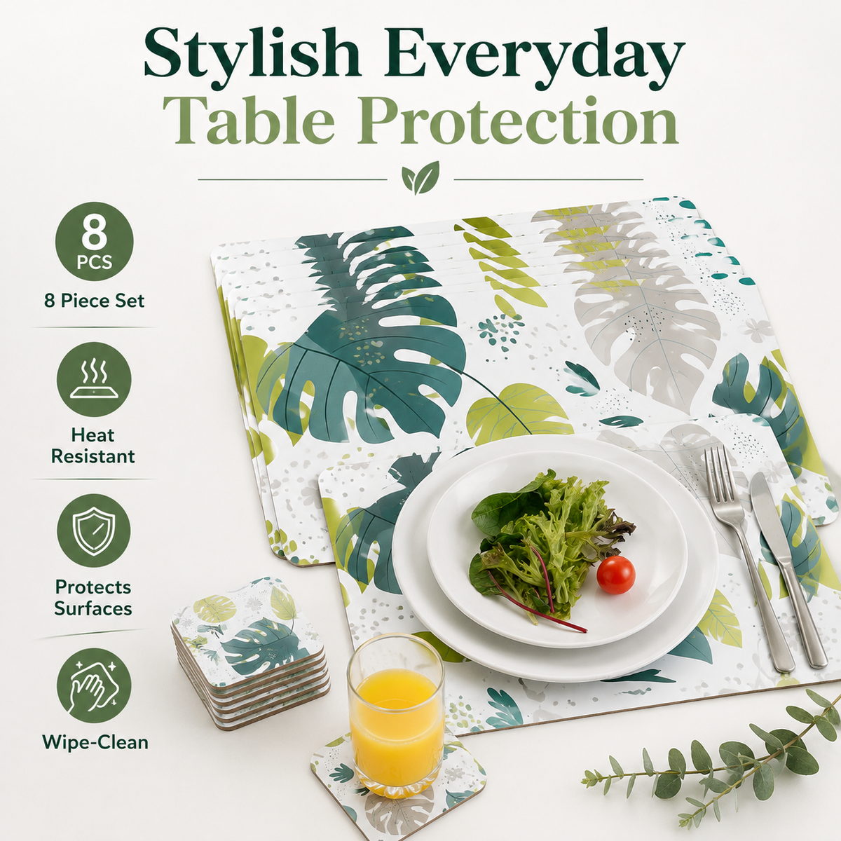 Monstera MDF Placemats and Coasters, 8 Piece Set, 34 x 26.5 cm