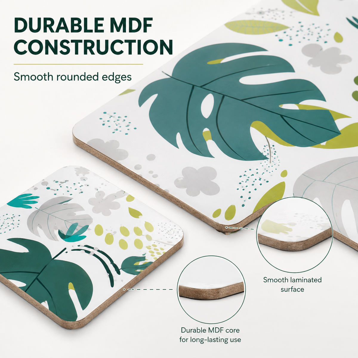 Monstera MDF Placemats and Coasters, 8 Piece Set, 34 x 26.5 cm