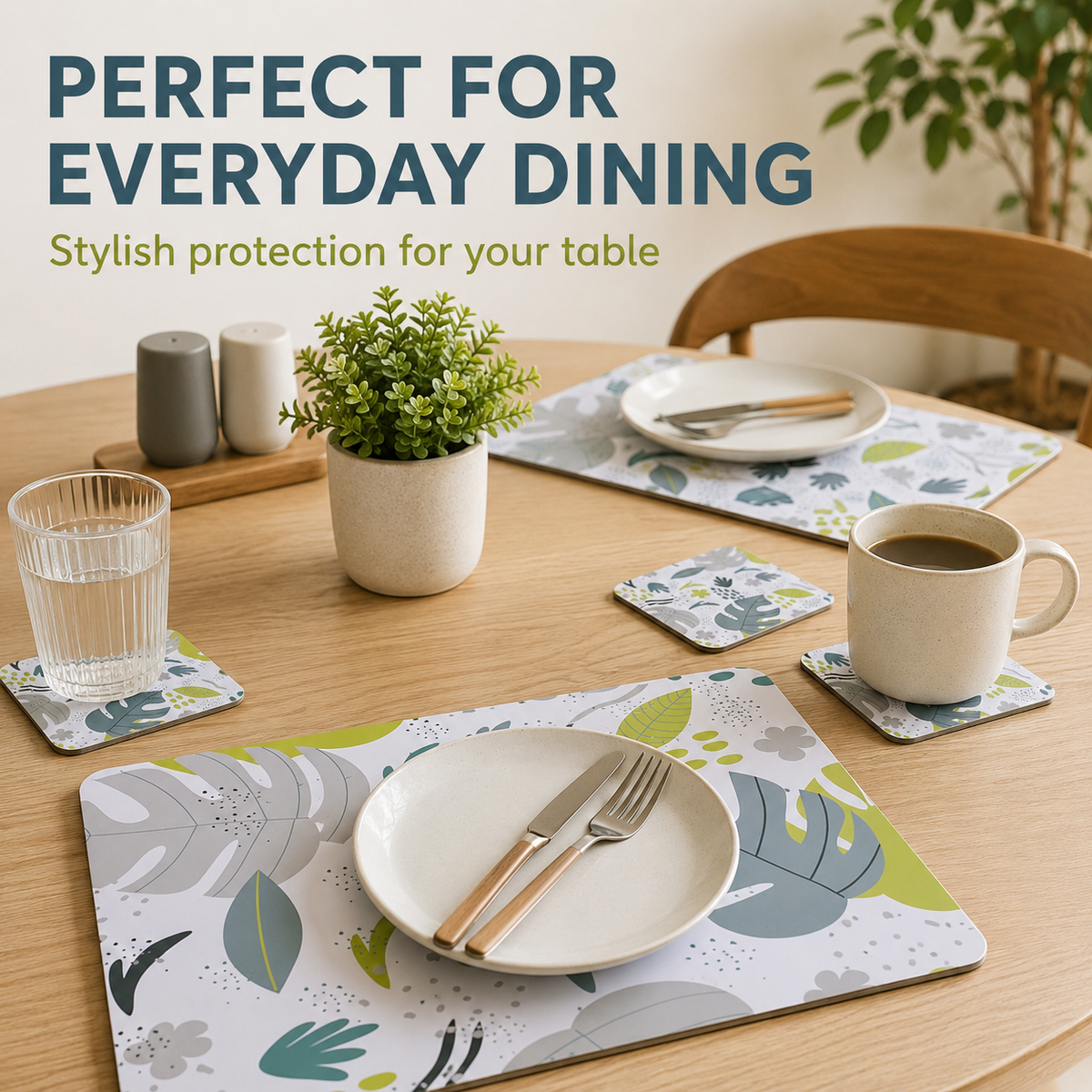 Monstera MDF Placemats and Coasters, 8 Piece Set, 34 x 26.5 cm