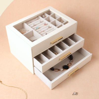 Candoray 3 Level Leather Jewellery Box, White