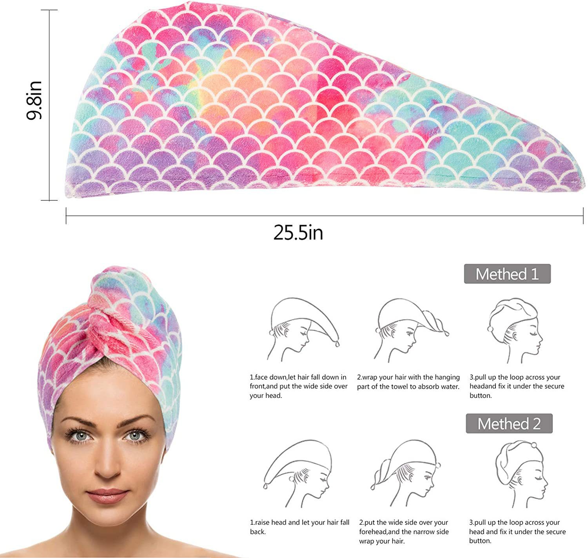 Candoray Microfibre Hair Drying Turban, Fish Scale Texture